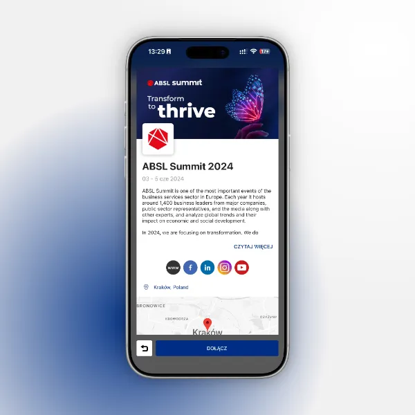Smartphone displaying the ABSL Summit 2024 event site with date, description, social media icons, and location in Krakow, Poland.