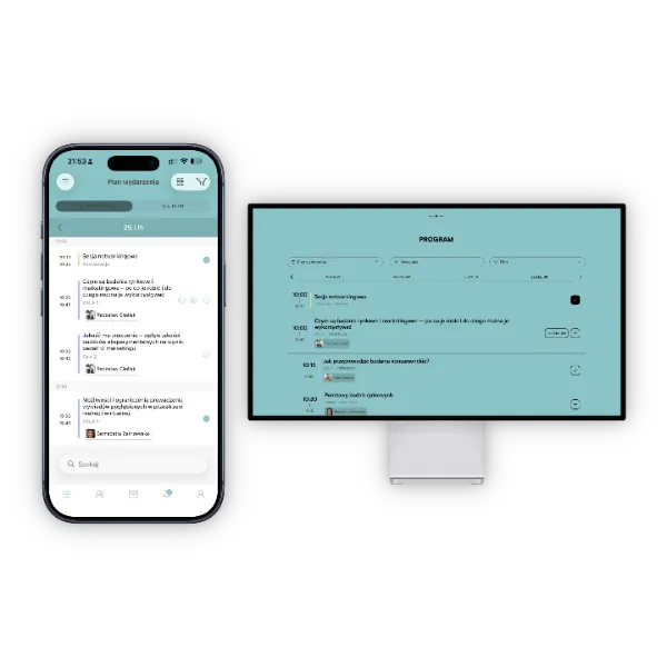 Smartphone and computer screen view of an event schedule app, showing a list and details of program sessions.