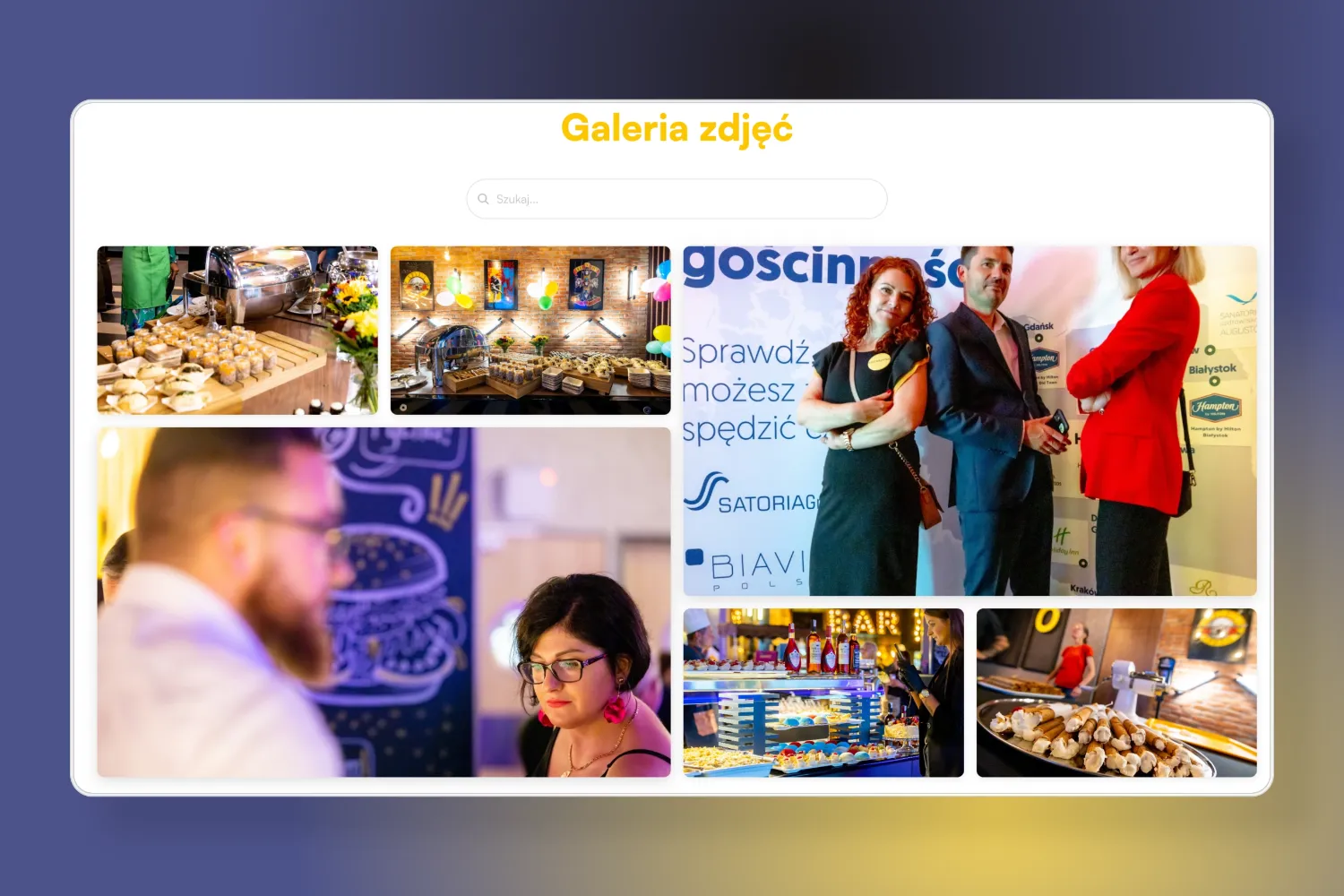 Photo gallery with various shots of food, people talking, and an event with people posing against a banner.