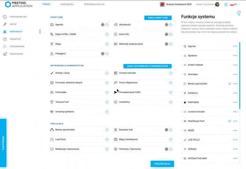 Meeting app interface with sections: basic info, access, components, content, summary, publishing; list of system features and event module management.