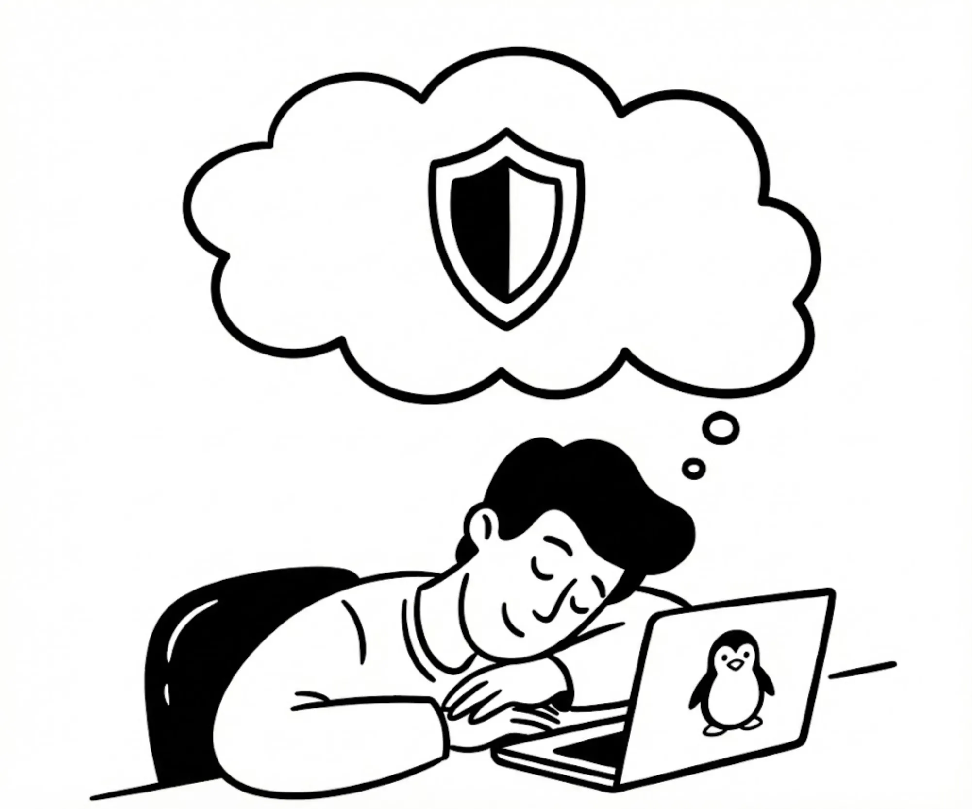 Mężczyzna śpiący przy laptopie myślący o bezpieczeństwie