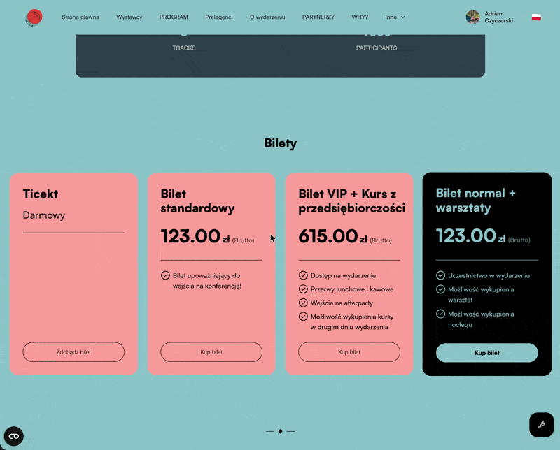 Strona internetowa z ofertą biletów na wydarzenie, pokazująca cztery rodzaje biletów: darmowy ticket, bilet standardowy za 123 zł z uprawnieniem do wejścia, bilet VIP z kursem z przedsiębiorczości za 615 zł z dostępem na wydarzenie, przerwami lunchowymi, afterparty i kursami, oraz bilet normalny z warsztatami za 123 zł z uczestnictwem, warsztatami i możliwością noclegu.