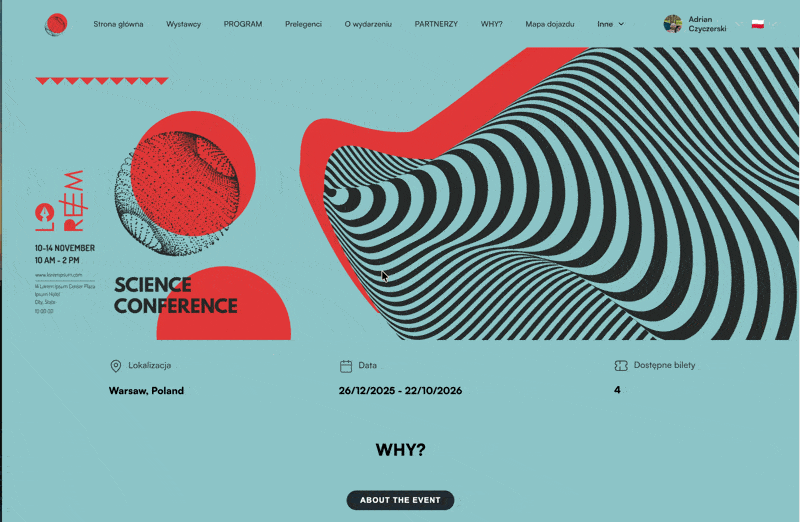 Animated slide of a scientific conference in Warsaw with the date 26.12.2025 to 22.10.2026 and 4 tickets available, on a black and red abstract pattern background.