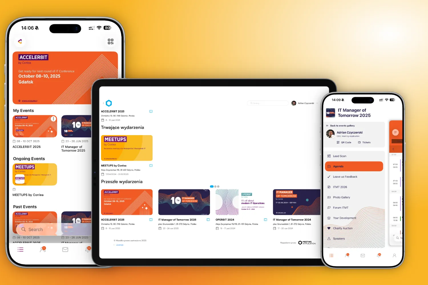 Ekrany aplikacji do zarządzania wydarzeniami wyświetlane na dwóch smartfonach i tablecie z listą nadchodzących i minionych konferencji oraz szczegółami wydarzenia IT Manager of Tomorrow 2025.