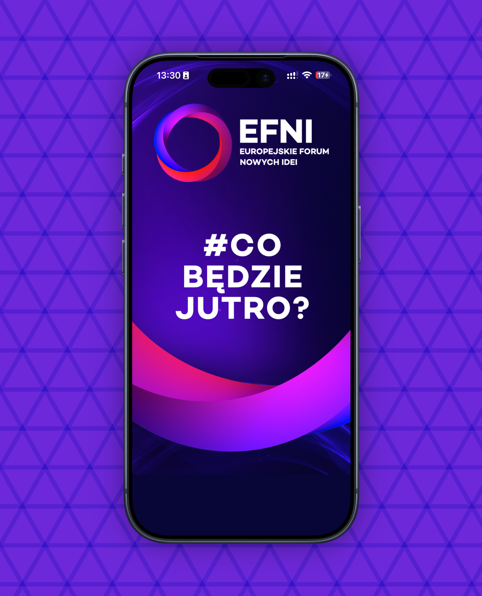 Smartphone with a screen showing the EFNI logo (European Forum for New Ideas) and the slogan #WhatWillBeTomorrow?