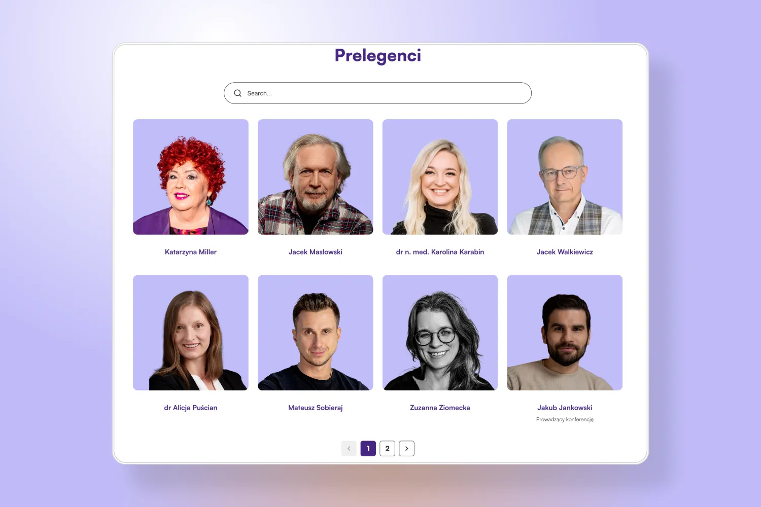 Siatka ze zdjęciami ośmiu prelegentów konferencji na jasnofioletowym tle z wyszukiwarką u góry.