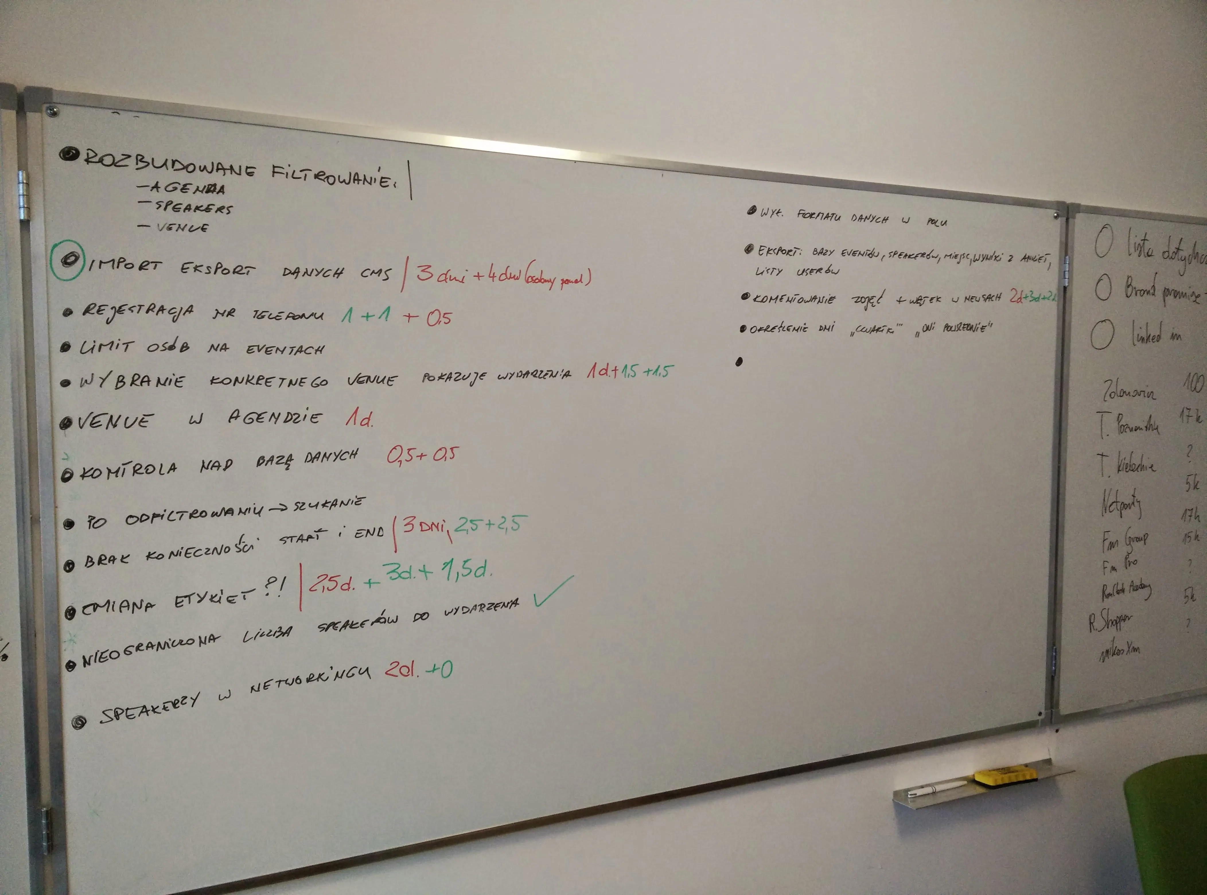 Whiteboard with hand-written notes in Polish regarding data filtering, CMS import and export, registration, person limit, venue choice, and database control.