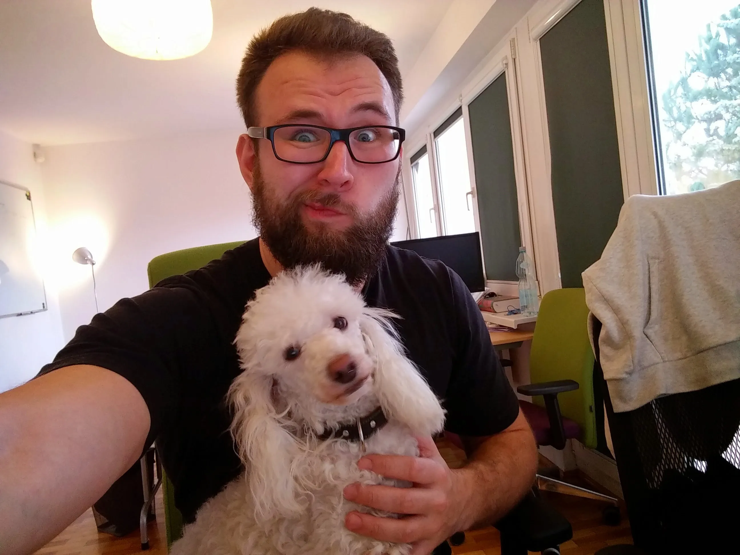 A man with a beard and glasses takes a selfie while holding a small, white dog in an office.