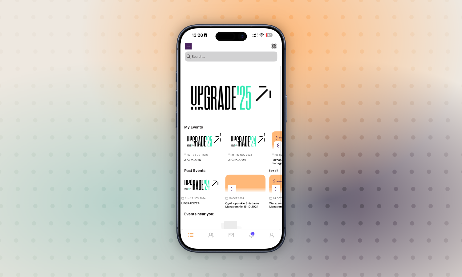Mobile app view on a smartphone with a list of upcoming and past Upgrade events scheduled for 2024 and 2025.