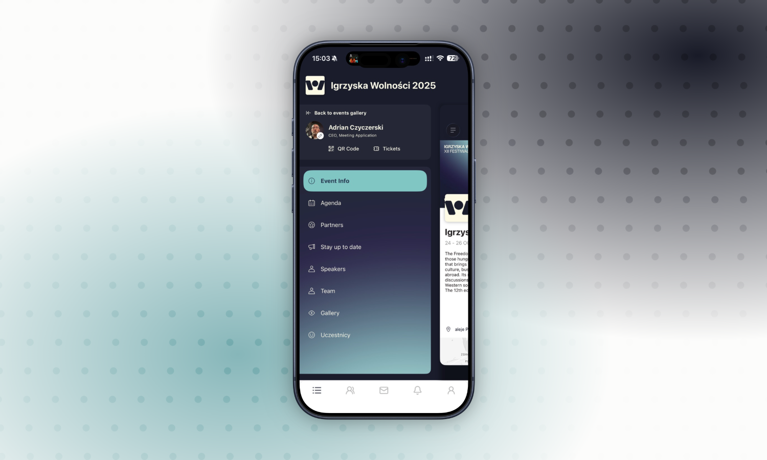 Smartphone app interface presenting the Igrzyska Wolności (Freedom Games) 2025 event page with a side menu containing event info, agenda, partners, speakers, team, and gallery.