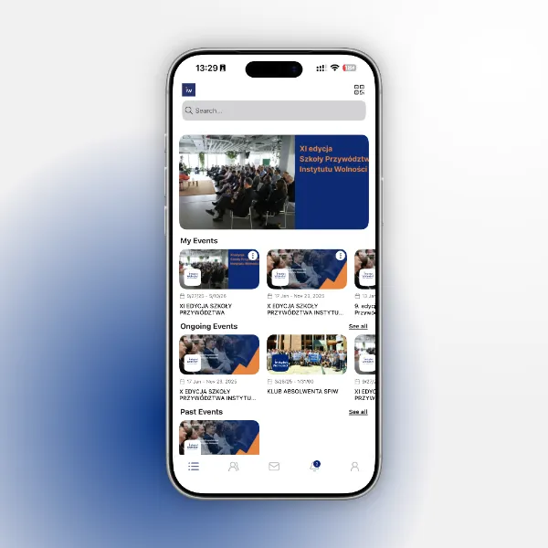 Mobile app interface displaying a list of events, including the 11th edition of the Freedom Institute Leadership School, with categories: My Events, Ongoing Events, and Past Events.
