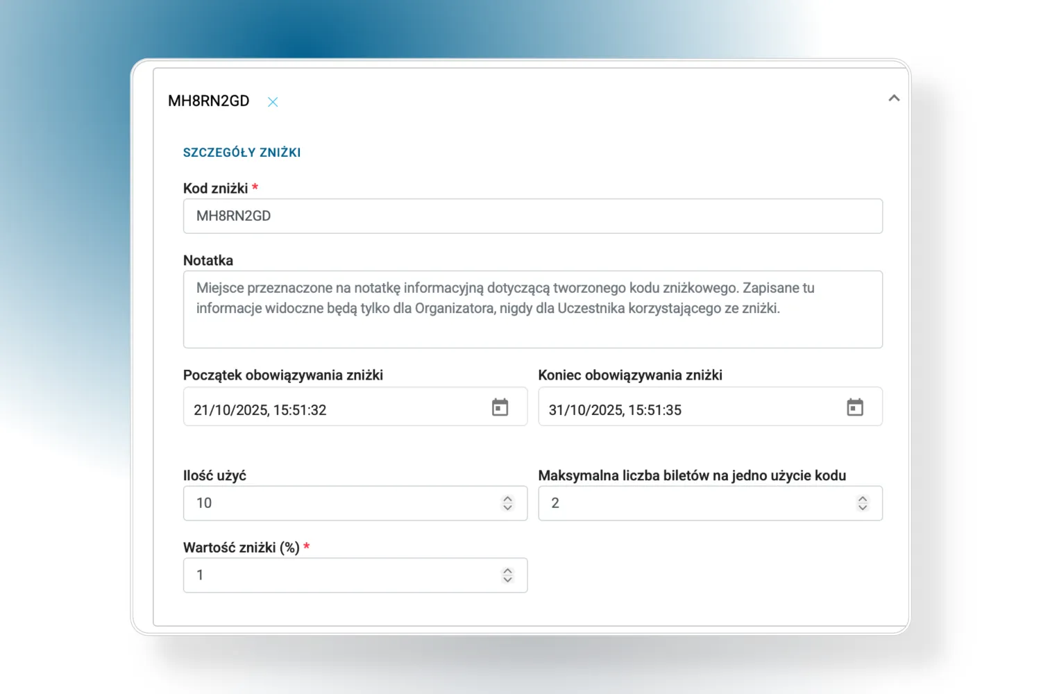 Discount details form with code MH8RN2GD, informational note, start and end date, usage count, maximum number of tickets per use, and discount value of 1%.