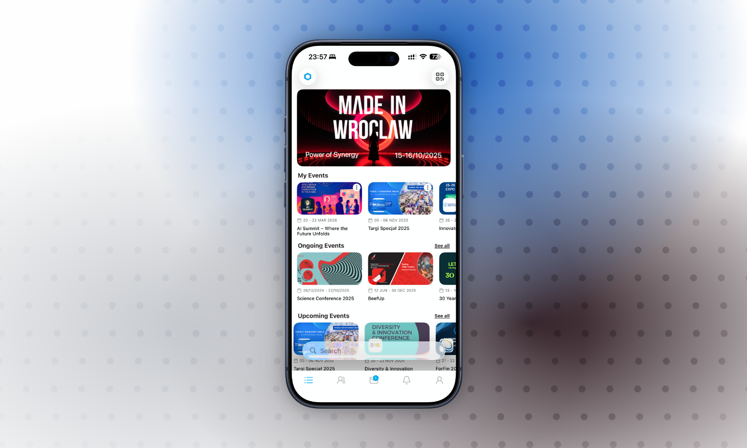 Phone with an event management app showing My Events, Ongoing Events, and Upcoming Events sections.