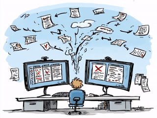 Person sitting before monitors with flying papers.