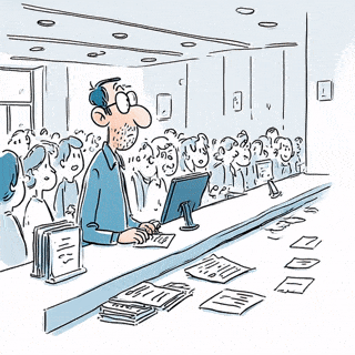 Man standing behind reception desk in a queue.