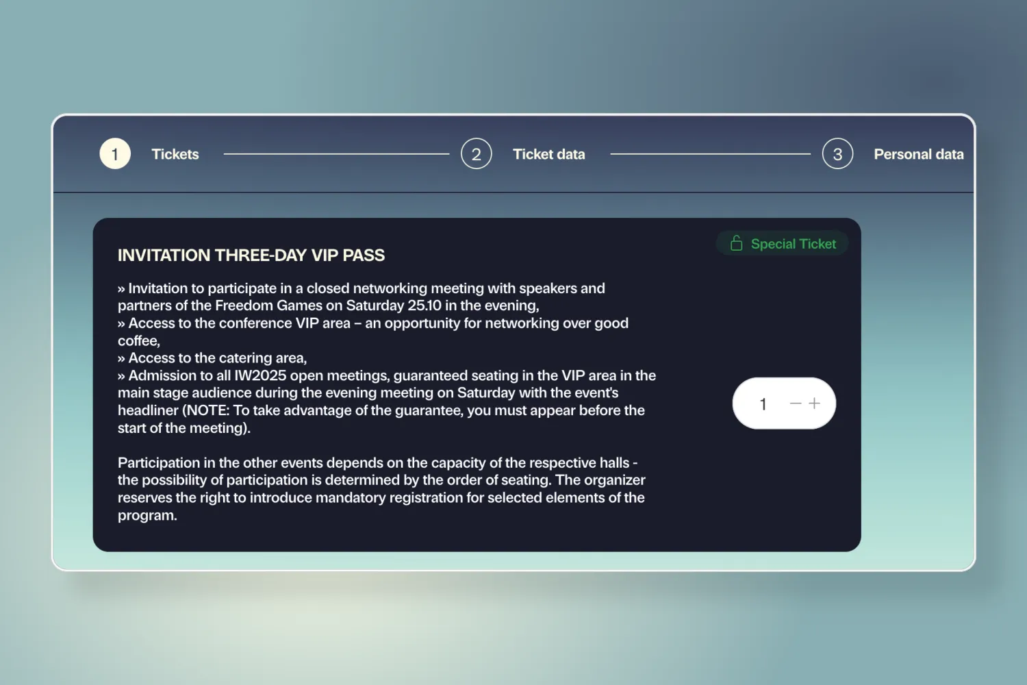 VIP three-day ticket purchase screen with benefits description and ticket quantity selection option.