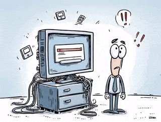 Drawing of a computer with tangled cables and a worried figure.