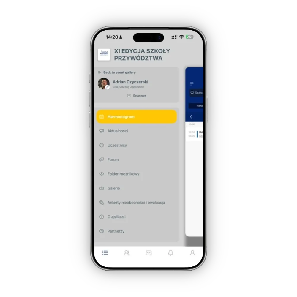 Interfejs aplikacji mobilnej z menu nawigacyjnym po polsku, podświetlona sekcja Harmonogram podczas XI Edycji Szkoły Przywództwa.