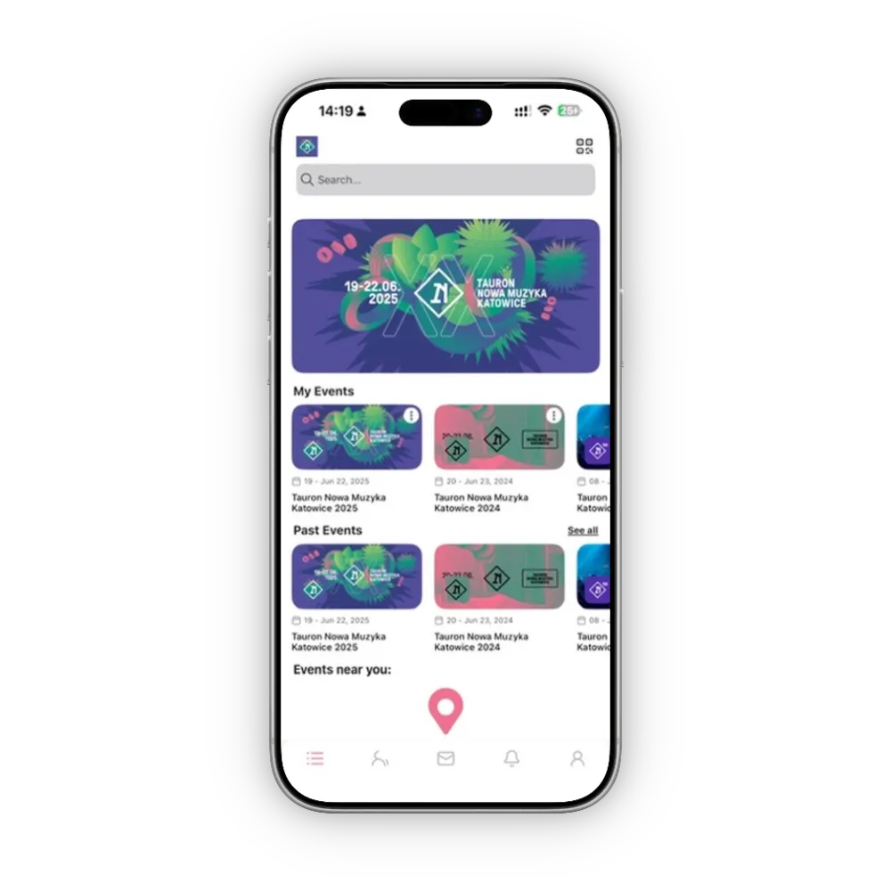 Smartphone screen displaying a music event app for Tauron Nowa Muzyka Katowice 2024 and 2025, with a search bar and My Events and Past Events categories.
