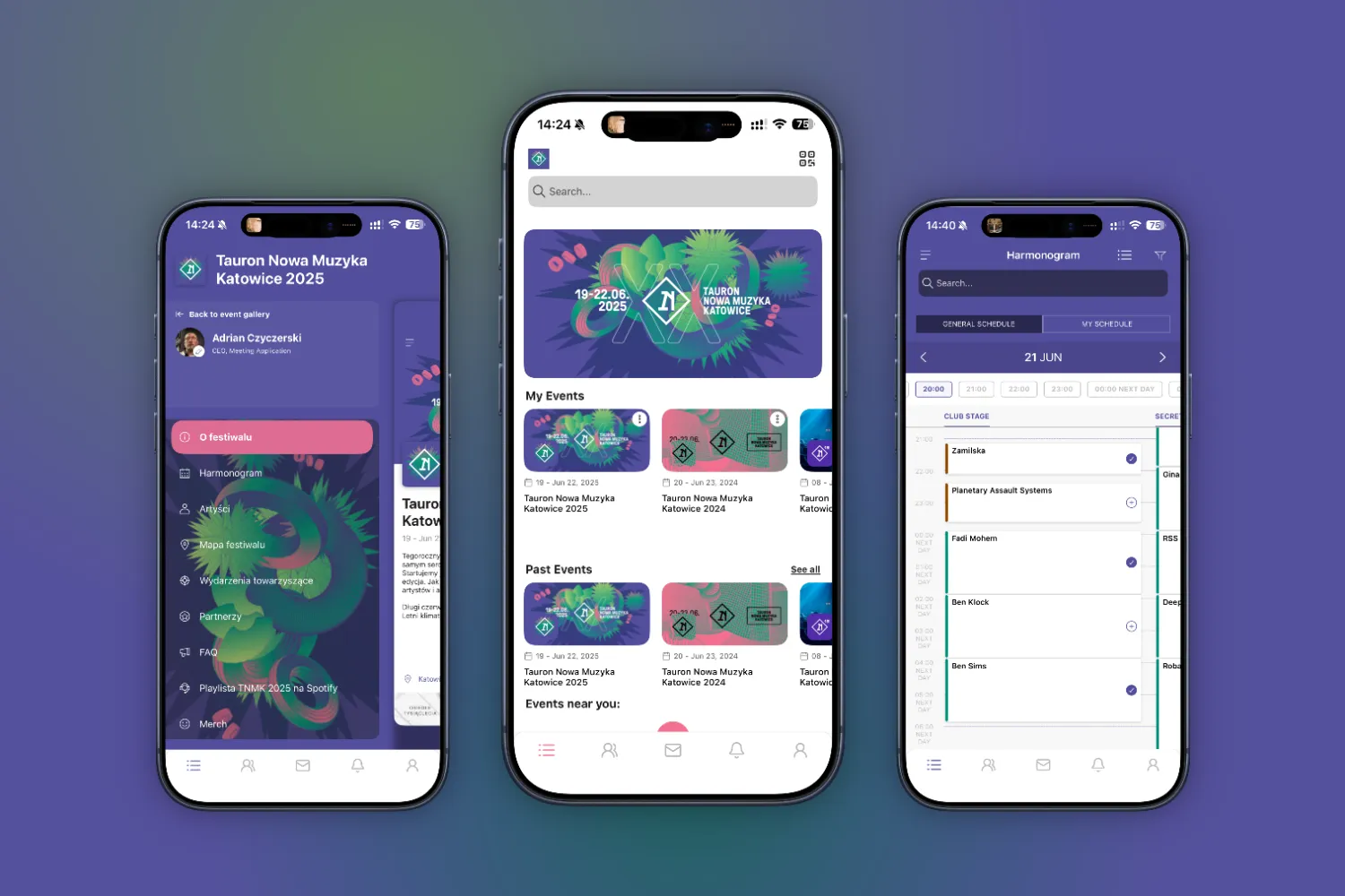 Trzy smartfony pokazujące aplikację wydarzenia Tauron Nowa Muzyka Katowice 2025 z harmonogramem, artystami i szczegółami wydarzeń.