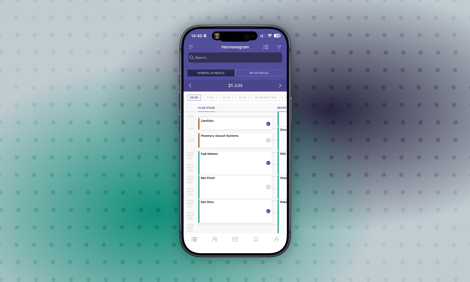 Mobile app view with an event schedule for June 21st on the club stage, with a list of performers and performance times.