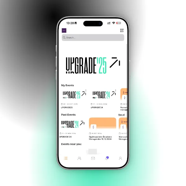 Smartphone screen showing an app with a list of upcoming and past Upgrade events from 2024 and 2025.