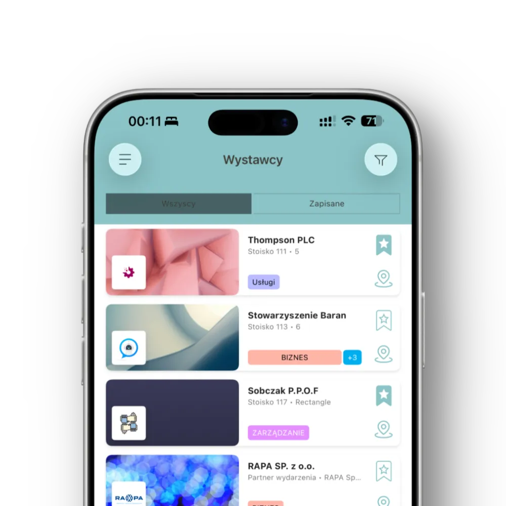 Mobile app screen displaying a list of exhibitors with company names, booth numbers, and service categories.