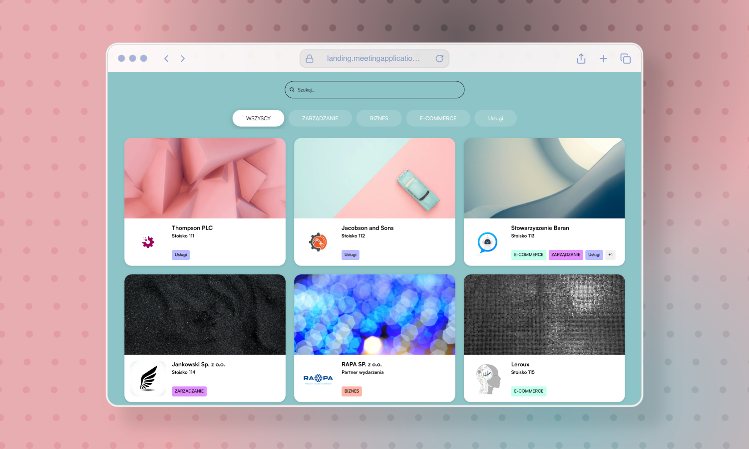 Exhibitor panel on a website with six company cards, each with the company name, booth number, and service categories.