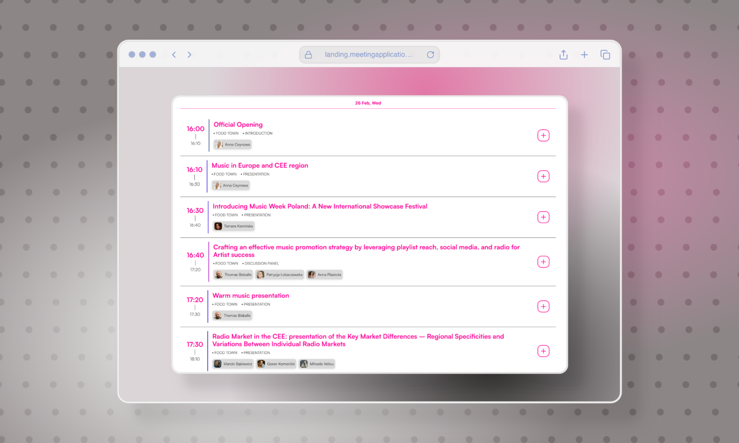 Agenda for a music meeting on February 26th, with times and presentation topics, including official opening, music in Europe and the CEE region, and music promotion strategies.