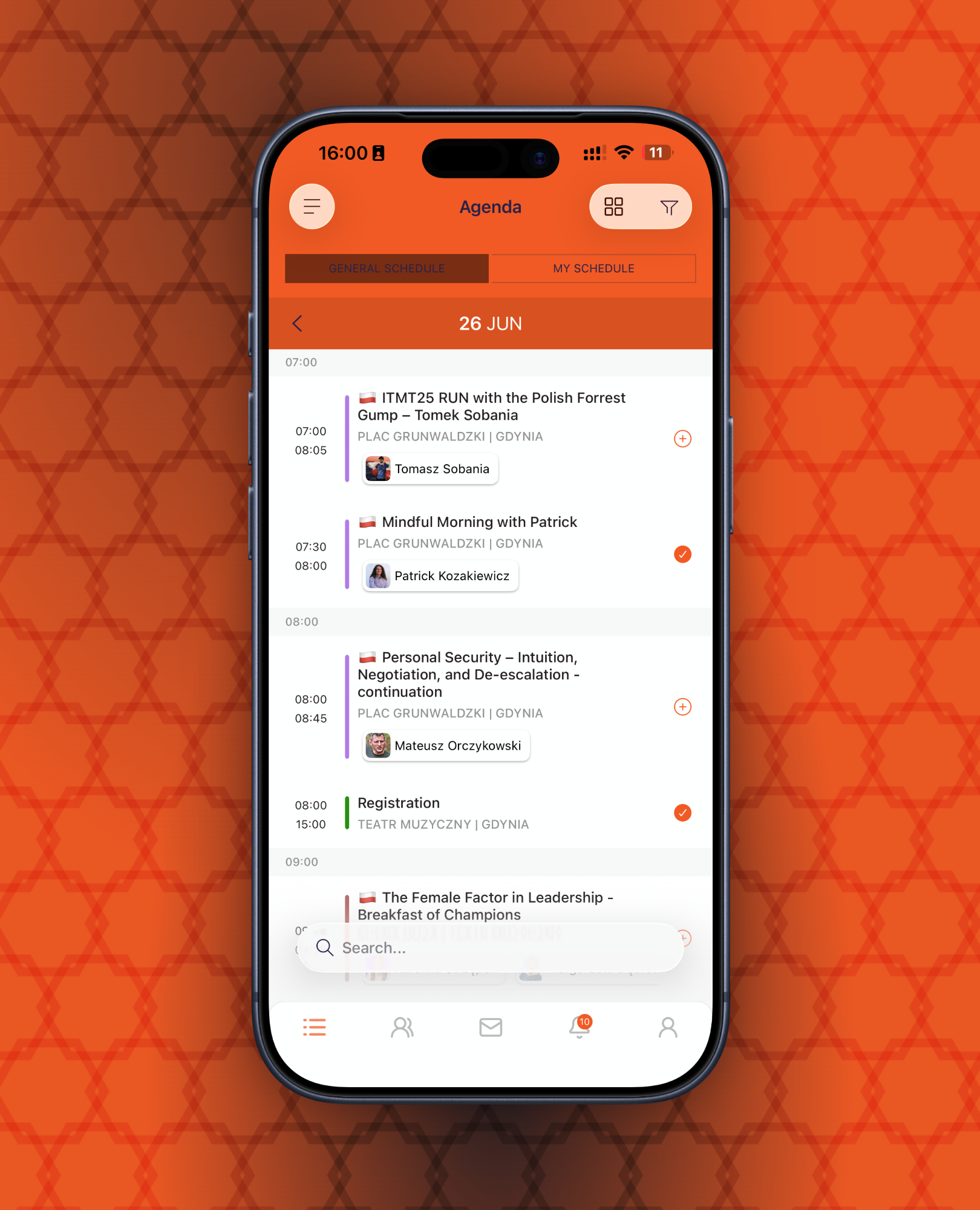 Smartphone with a calendar app showing the event agenda for June 26th, including sessions with Tomasz Sobania, Patrick Kozakiewicz, and Mateusz Orczykowski, and registration at the Musical Theatre in Gdynia.