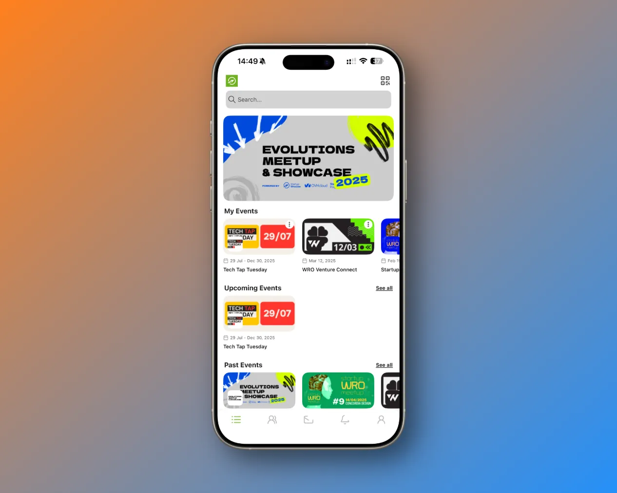 Smartphone showing an event app, including Tech Tap Tuesday and WRO Venture Connect, against an orange-blue gradient background.