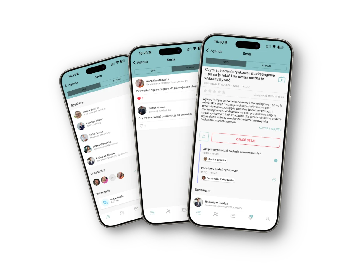 Three smartphones displaying a conference app with an agenda, questions, and speaker list.