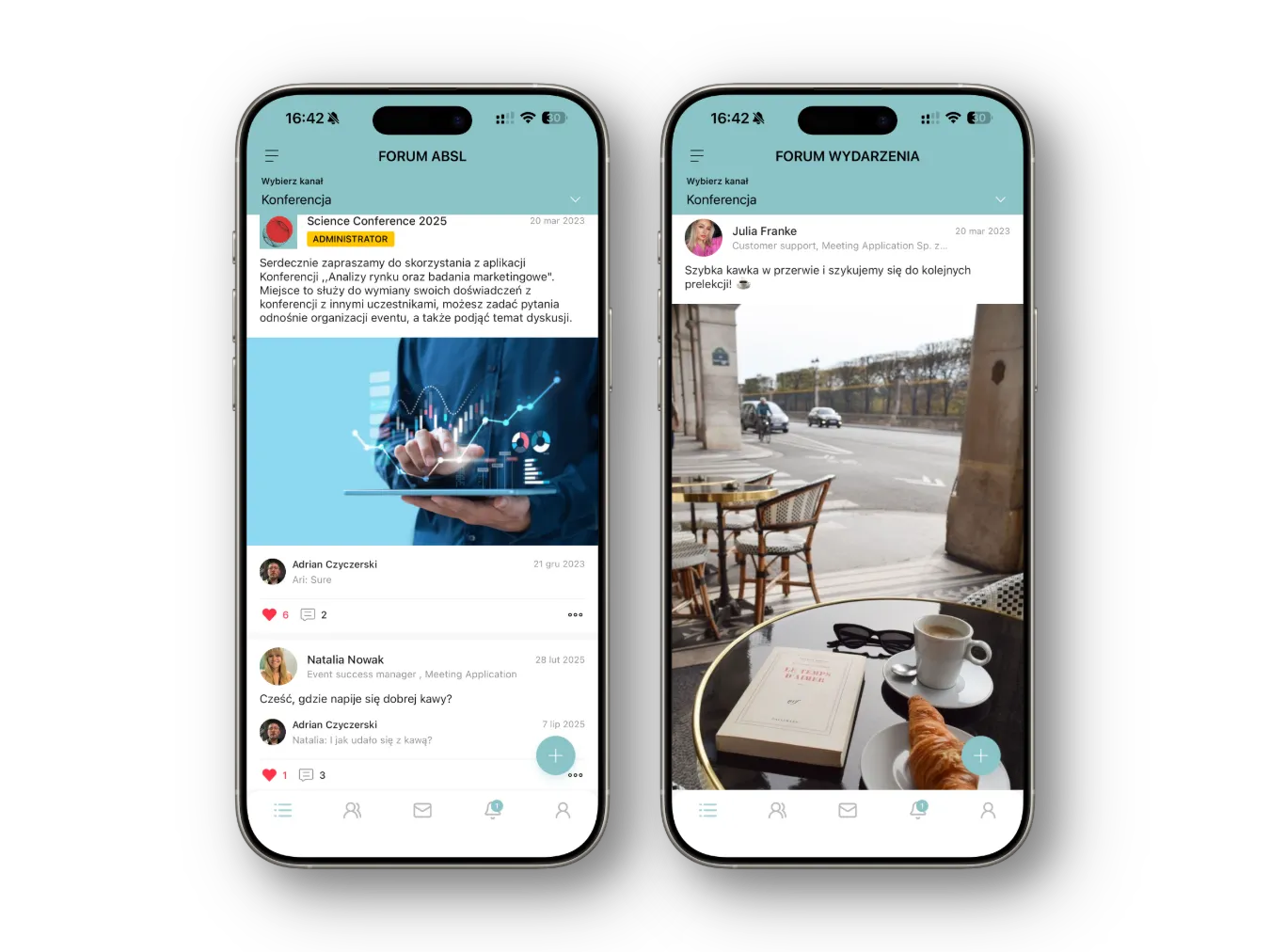 Two smartphones displaying Polish discussion forums of a conference app, one with a data chart, the other with coffee and a croissant on a table.
