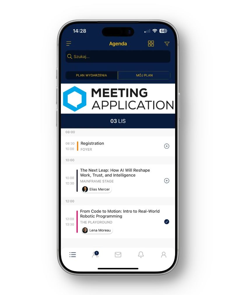 Meeting app screen on a smartphone showing the agenda for November 3rd with registration, a lecture on AI, and a workshop on robot programming.