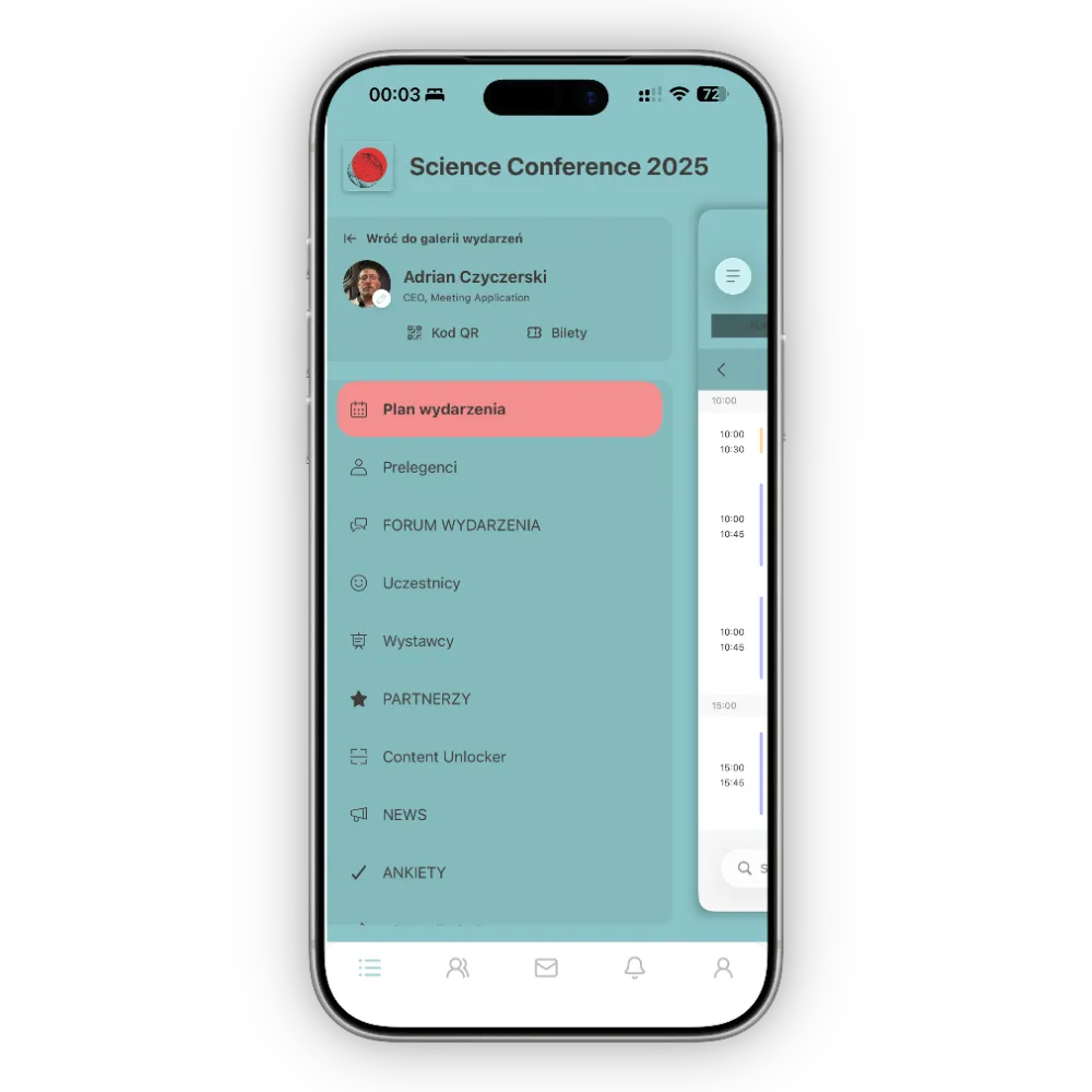 Smartphone screen with a 2025 scientific conference app, showing the event plan and a menu with sections like Speakers, Forum, Participants, and Partners.