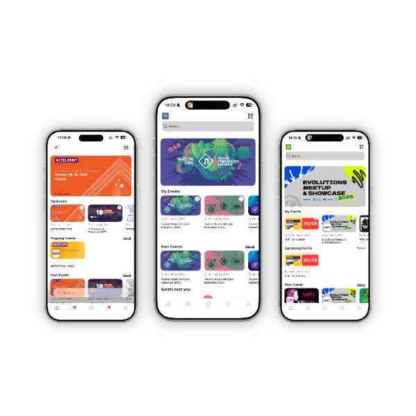 Three smartphones displaying an event management app with lists of upcoming and past events and event details.