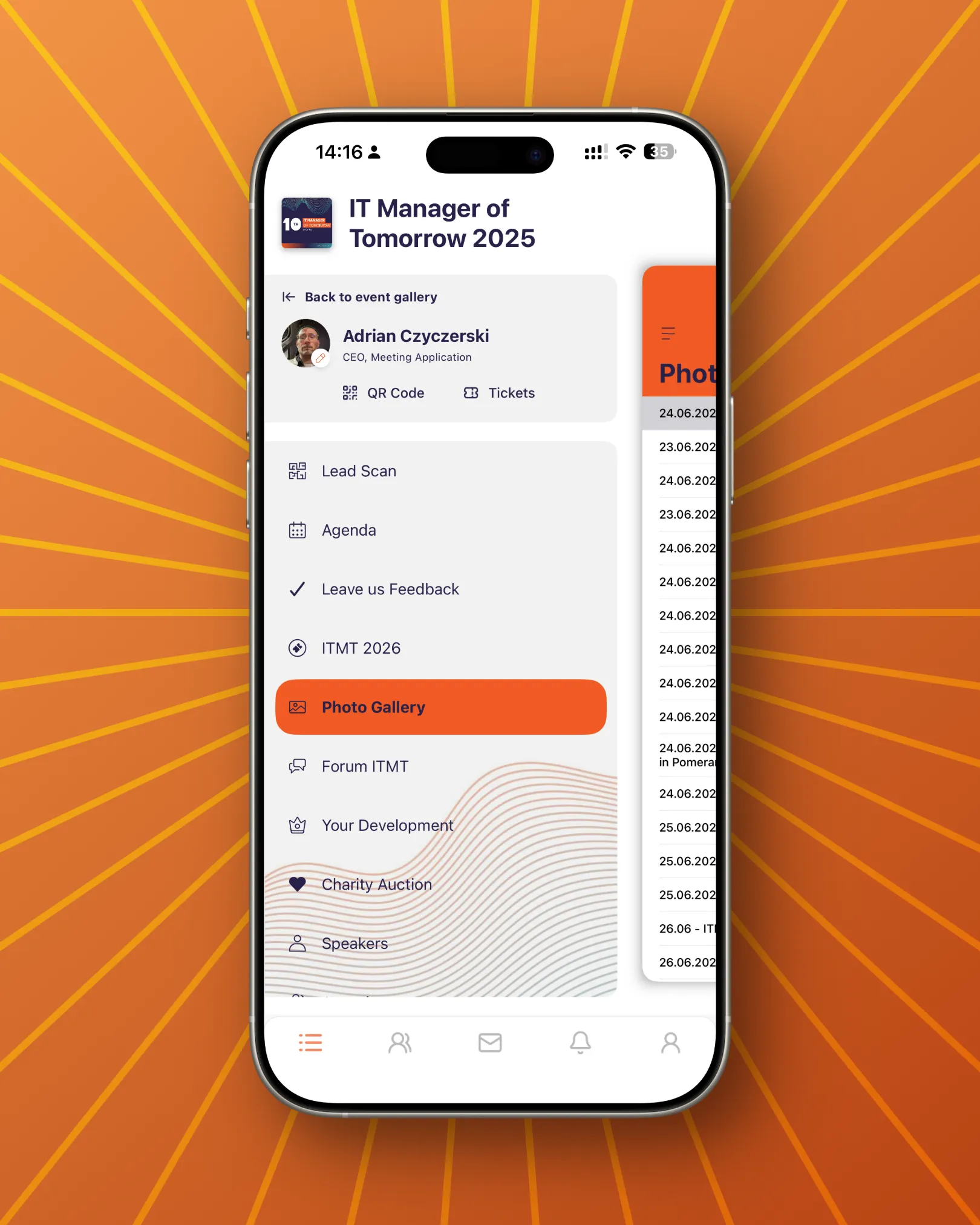 Smartphone screen with the IT Manager of Tomorrow 2025 event app showing a menu with options such as Photo Gallery, Agenda, and Feedback on an orange background.