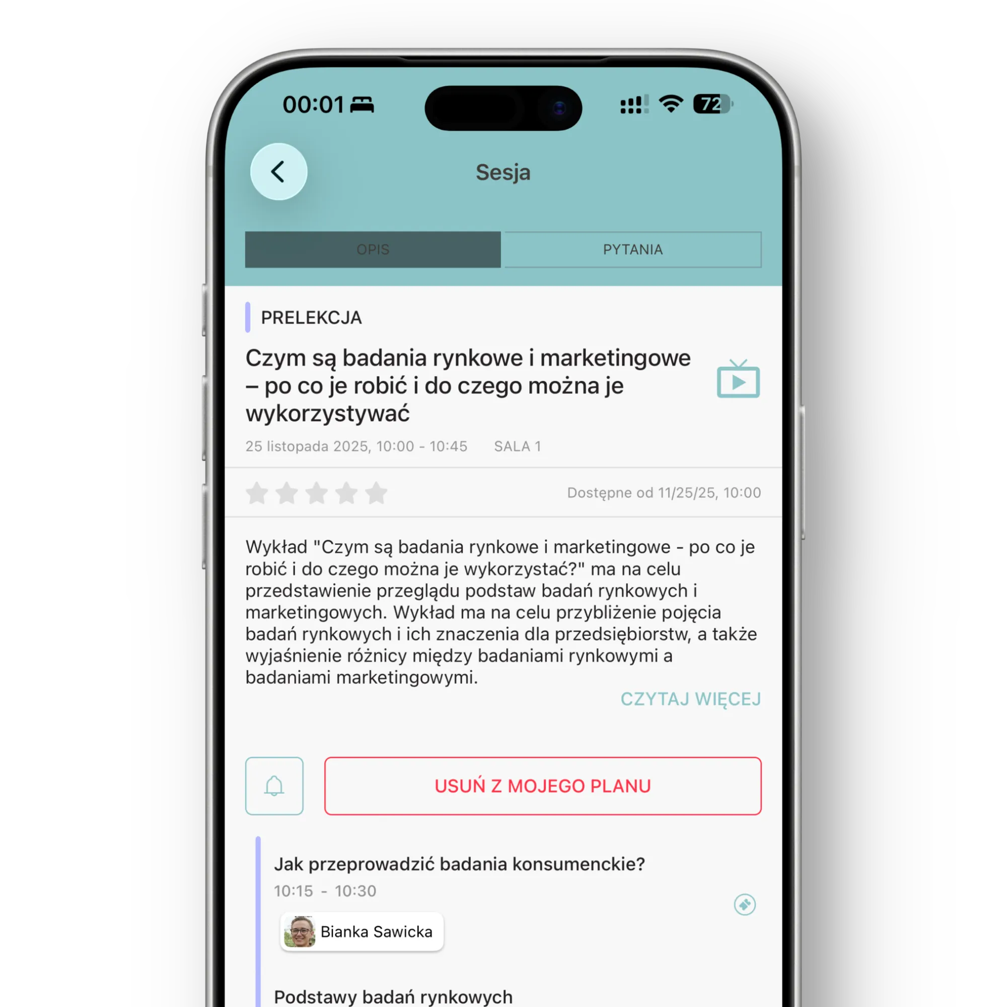 Session screen on a smartphone showing lecture details about market and marketing research with date, time, description, and plan with speaker Bianka Sawicka.