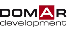 Logo Domar with bold black text and a red square containing a capital letter A.