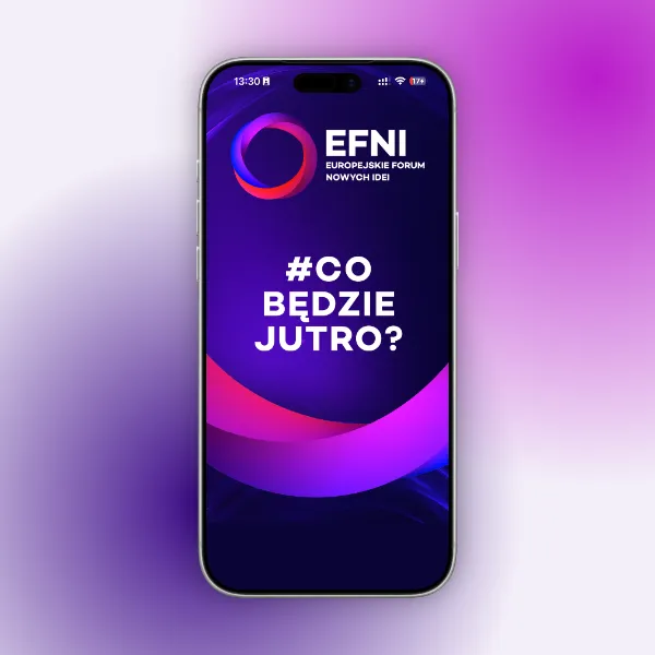 Smartphone on a purple-pink background displaying the EFNI logo and the inscription '#CO BĘDZIE JUTRO?'.