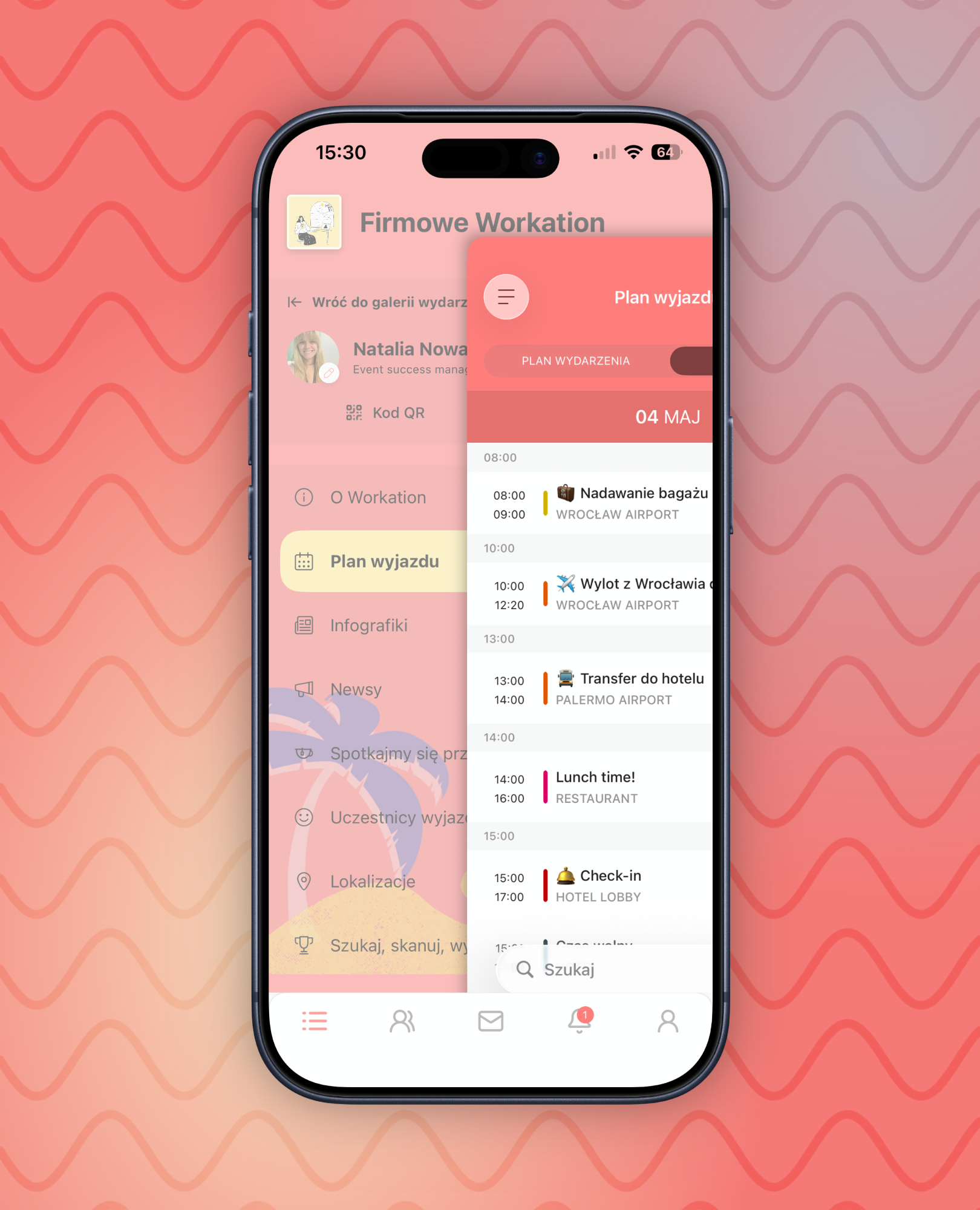 Smartphone screen showing an app with a business trip plan for May 4th, including baggage drop-off, departure from Wrocław, transfer to a hotel in Palermo, lunch, and check-in.