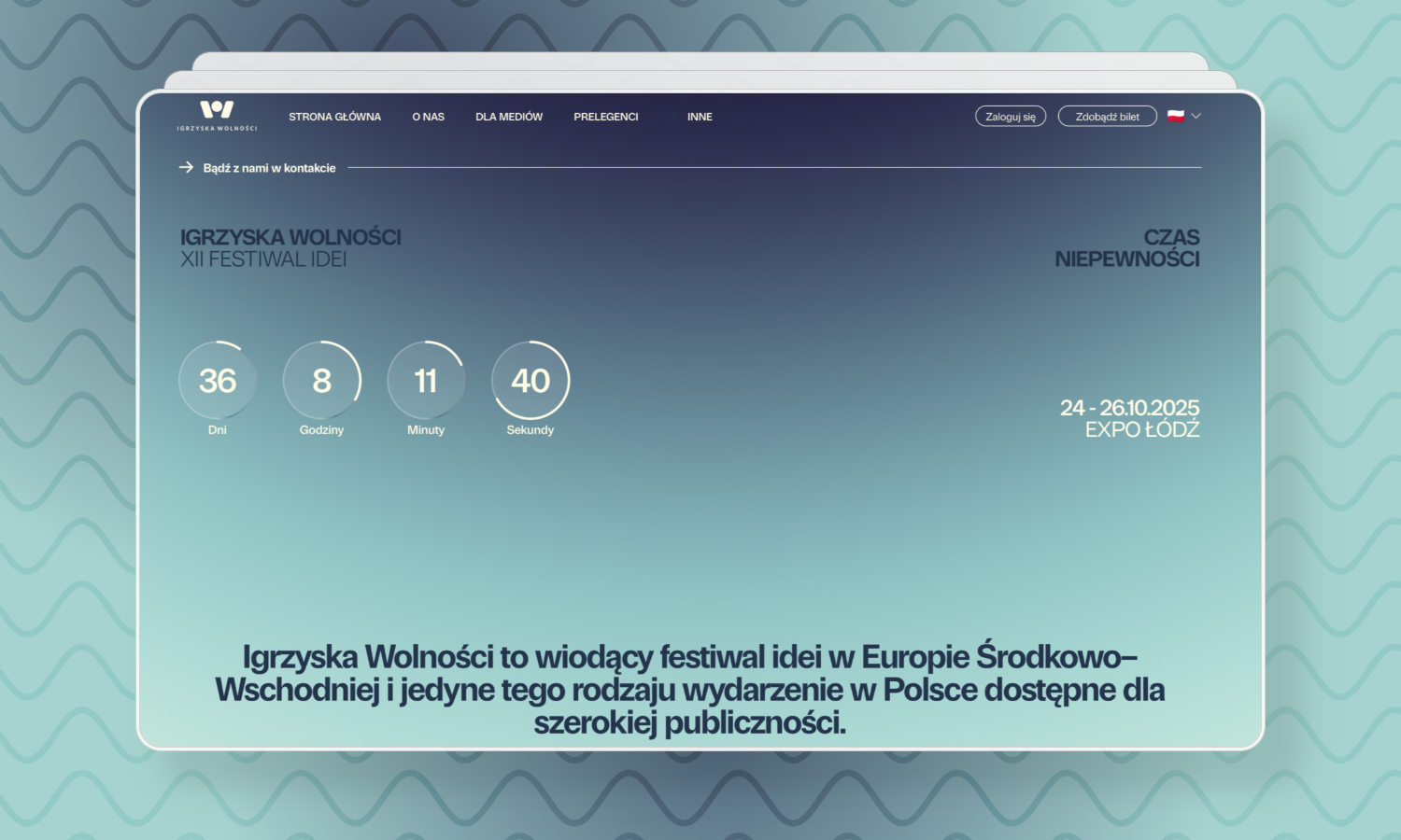 Strona internetowa festiwalu Igrzyska Wolności z zegarem odliczającym czas do wydarzenia od 36 dni, 8 godzin, 11 minut i 40 sekund. Festiwal odbędzie się 24-26 października 2025 roku w EXPO Łódź. Hasło wydarzenia to Czas Niepewności.