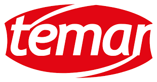Logo marki Temar na czerwonym tle.