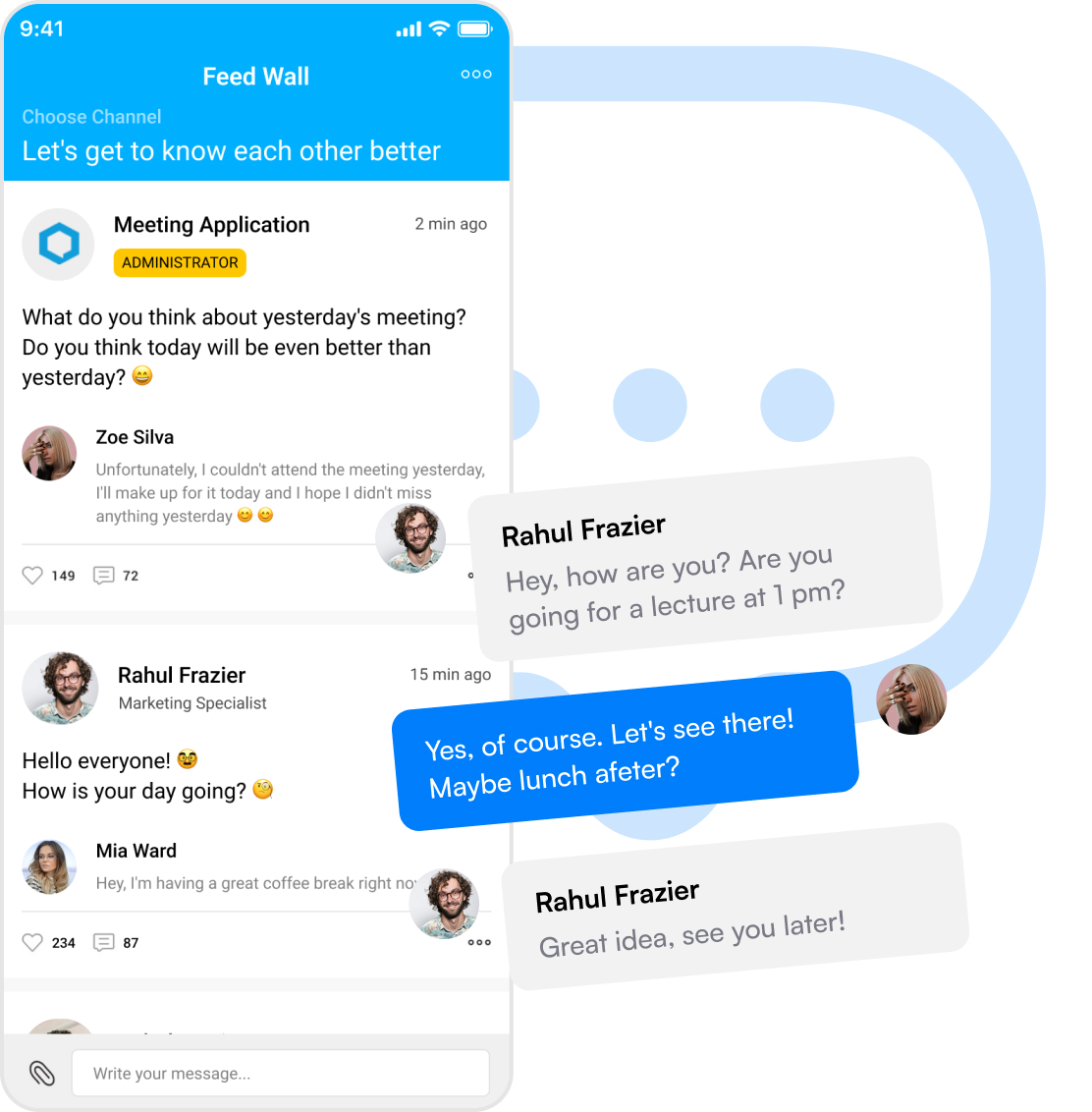 Meeting app interface with a discussion feed, including messages from the admin and users Rahul Frazier, Zoe Silva, and Mia Ward, along with a lunch conversation between Rahul and Zoe.