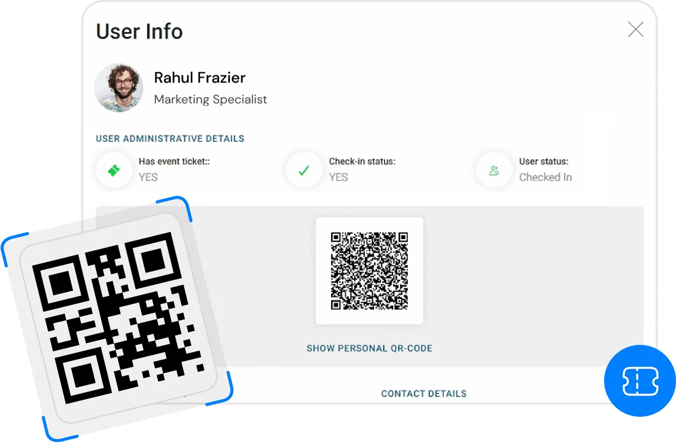 Panel with user data for Rahul Frazier, marketing specialist, confirming the event ticket, check-in status, and a QR code for verification.