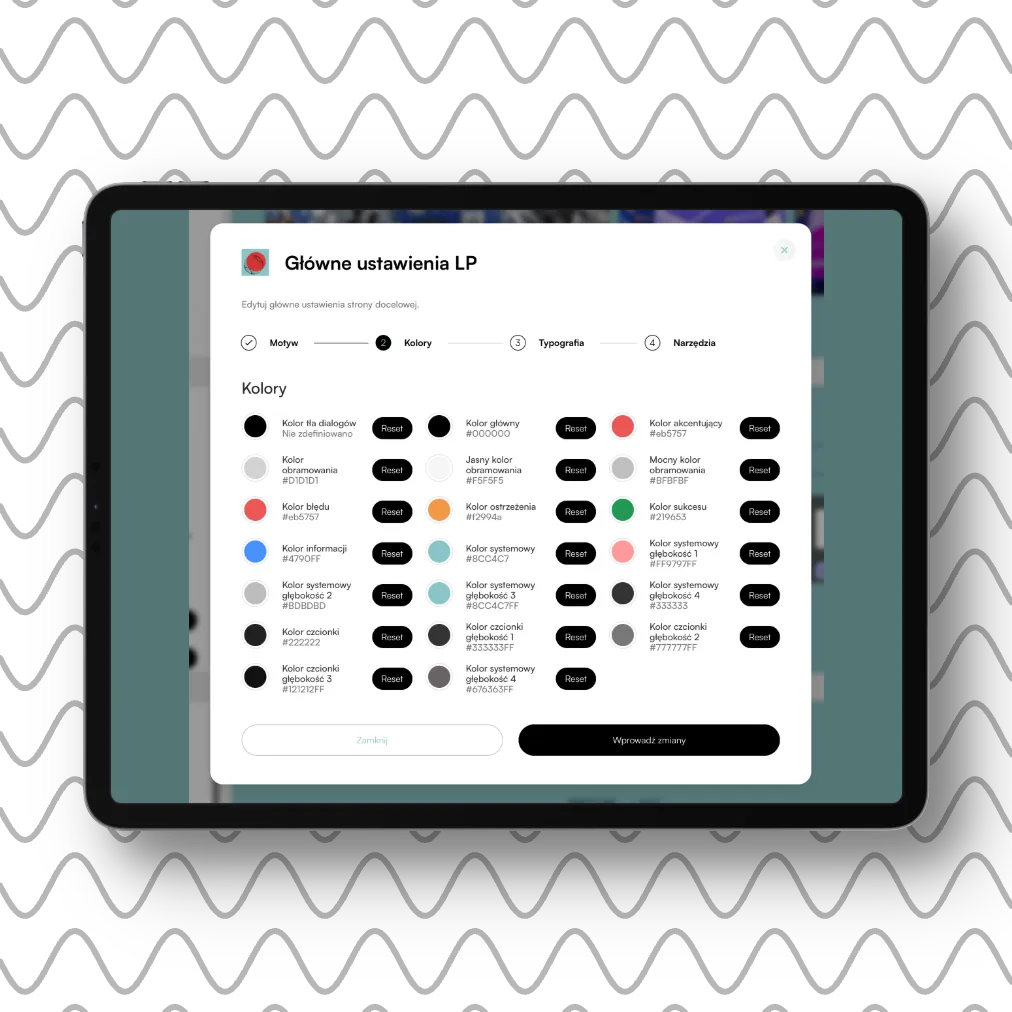 Main page settings screen with the Colors tab showing various color options with names and hex codes, and reset buttons.