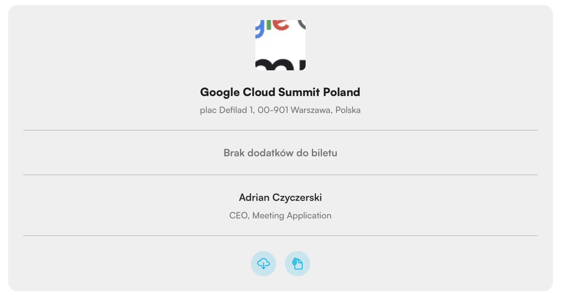 Informacje o konferencji Google Cloud Summit Poland w Warszawie wraz z nazwą uczestnika Adrian Czyczerski, CEO Meeting Application.