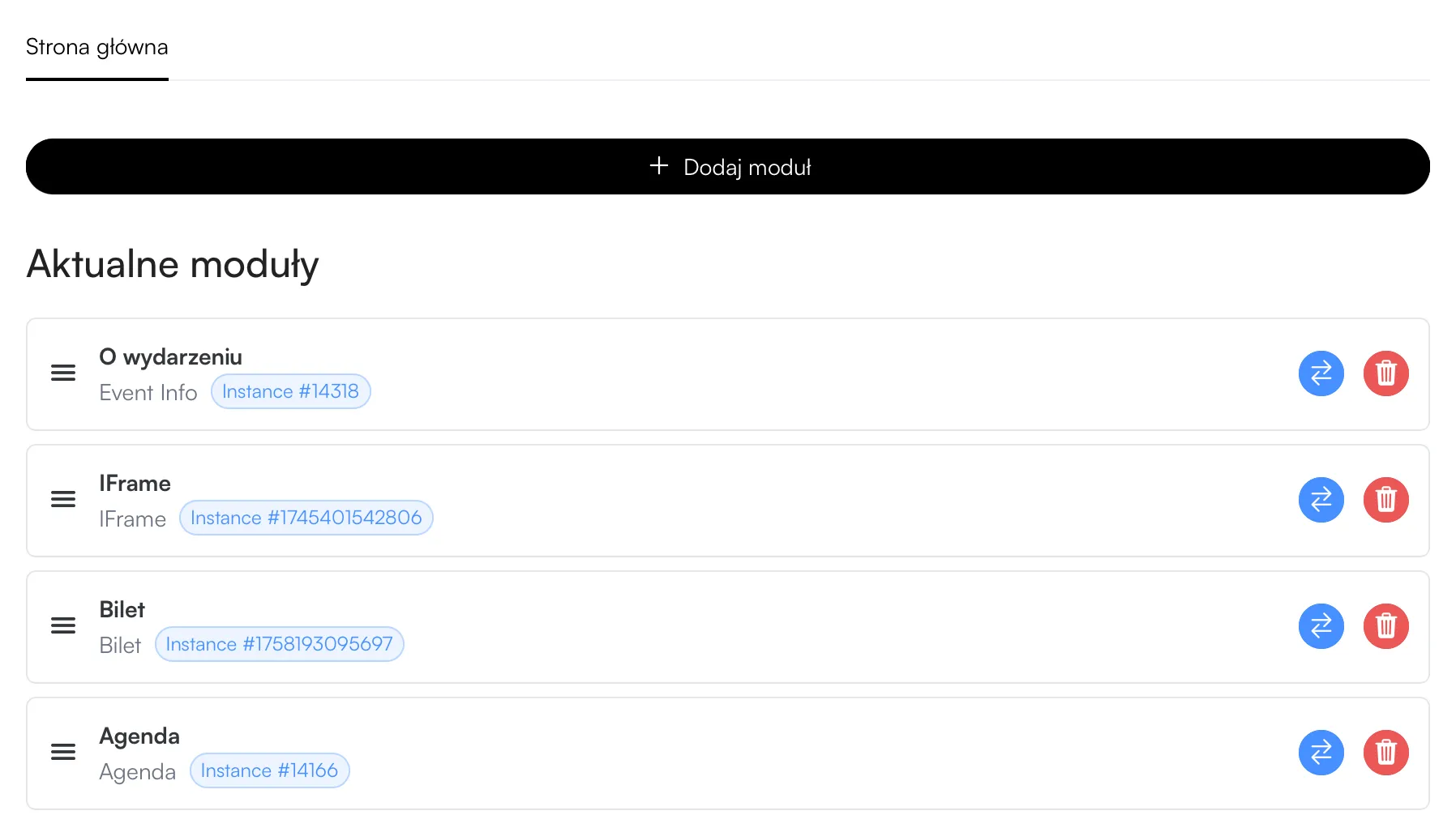 Module management panel with the heading 'Current modules' and a list of modules: About the event, IFrame, Ticket, Agenda, each with buttons to change and delete.