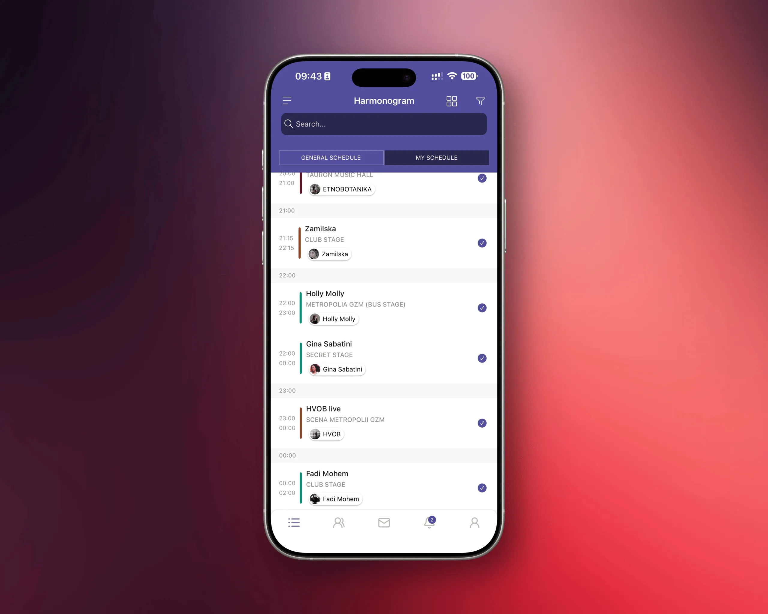 Smartphone screen with a concert schedule app showing a list of artists and performance times on different stages.