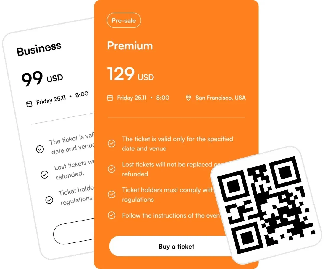 Event ticket comparison: Business ticket for 99 USD and Premium ticket for 129 USD with date 25.11 and time 8:00, Premium includes QR code and rules list.